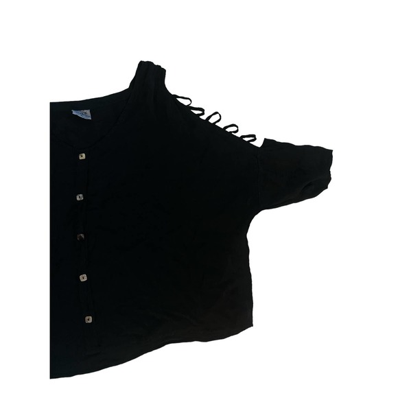 Vintage L Click Color Me Cotton Black Cut-Out Lattice Slv Button-Down Blouse Top - Picture 2 of 4